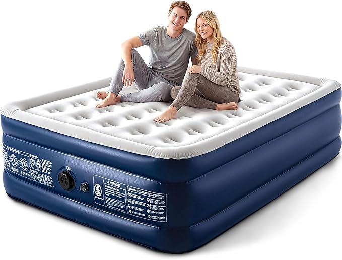 Camping Air Mattress Queen with Built in Pump 18" Thickness 660lbs Heavy Duty Comfortable Blow up Air Mattress with Carry Bag Inflatable Foldable Flocked Top Air Bed for Travel, Home (Blue & Grey)