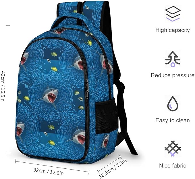 Casual Travel Laptop Backpack Shark Blue Ocean Printing, Lightweight Anti Theft Computer Bag with Large Capacity for Men Women College Work