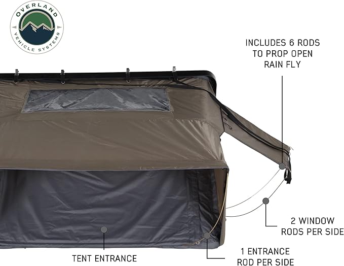 Overland Vehicle Systems Bushveld Hard Shell Clam Shell Roof Top Tent with Aluminum Base Dark Grey Body and Green Rainfly - 4 Person Tent - Four Seasons Ready