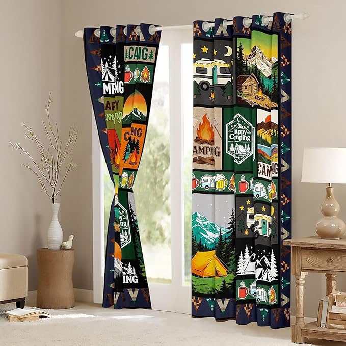 jejeloiu Happy Camping Curtains for Bedroom Living Room RV Camping Blackout Darkening Drapes Campfire Window Treatments, 2 Panels 52 x 84 Inch Patchwork Room Decor