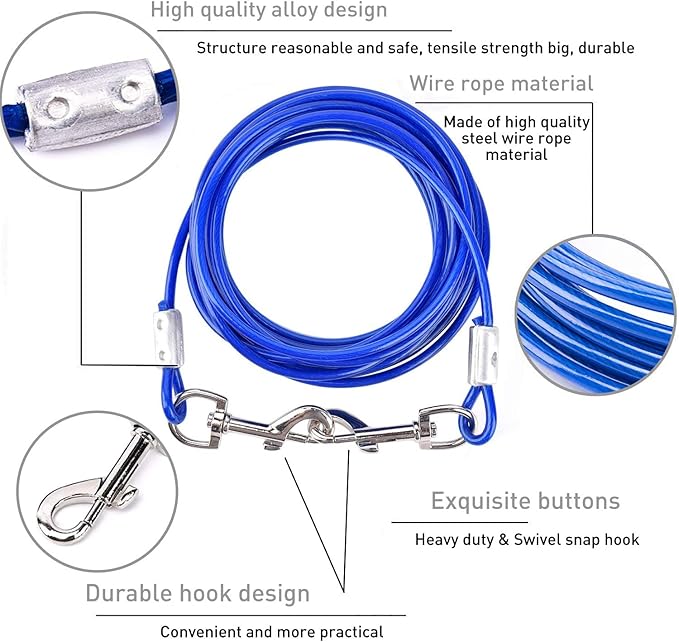 EvilplanDog Tie Out Cable and Stake, 16ft Outside Dog Leash&Chain for Camping and Yard, 16'' Heavy Duty Anti Rust Spiral Stake for Medium-Large Dogs Up to 125 lbs