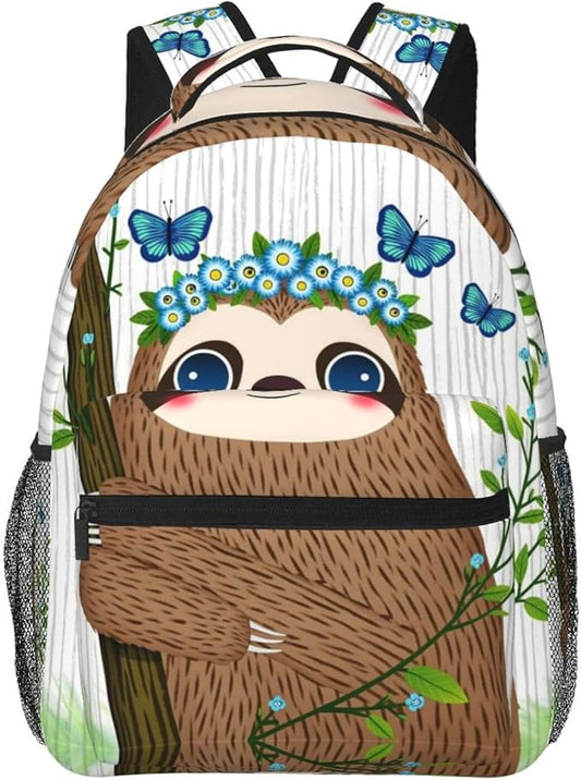 Polyester Daypack for Hiking Work Running, Big Capacity Anti-Theft Multipurpose Shoulder Bag, Cute Sloth Blue Flowers Art Travel and Sport Backpack Rucksack