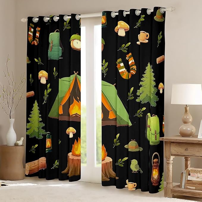 Feelyou RV Camping Camper Blackout Curtains Happy Camping Darkening Drapes for Bedroom Living Room Decor Camper Black Thermal Insulated Shades Window Treatments, 2 Panels 38 x 54 Inch