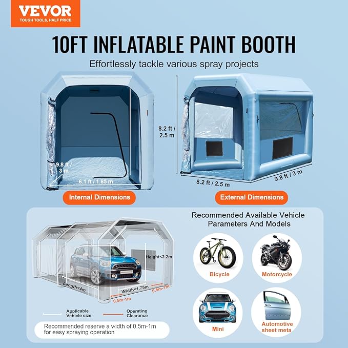 VEVOR Inflatable Paint Booth, 9.8 x 8.2 x 8.2 ft Inflatable Spray Booth, with 550W Powerful Blower and Air Filter System, Portable Car Paint Booth for Motorcycle, Bicycle, Small Furniture Painting