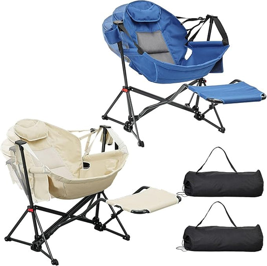 Ainfox Hammock Camping Chair with Footrest, Heavy Duty Foldable Portable Rocking Hammock Chairs Outside Swinging Camp with Cup Holder Pillow for Outdoor Patio Poolside Beige Blue