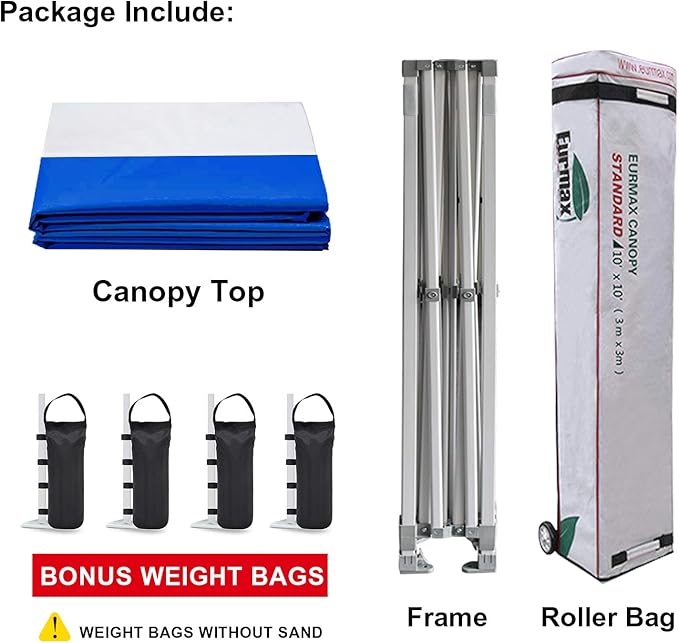 Eurmax USA Standard 10x10ft Patio Pop Up Canopy Tent for Outdoor Events Commercial Instant Canopies with Heavy Duty Roller Bag,Bonus 4 Canopy Sand Bags (Stripe Blue)