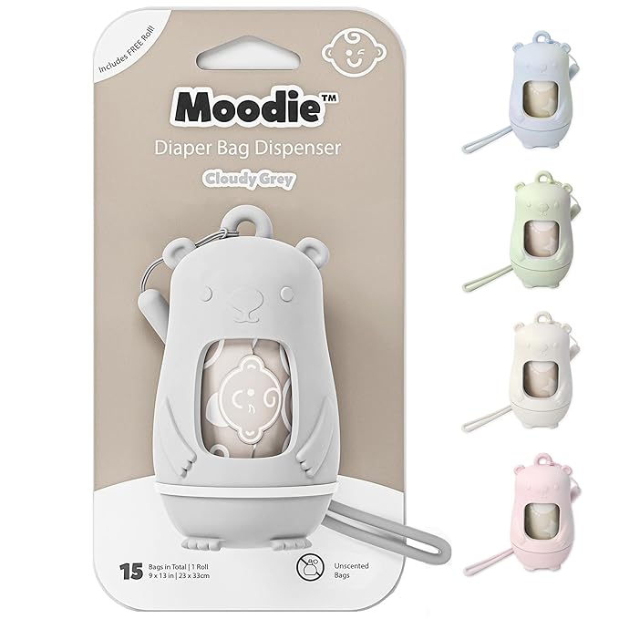 Teddy Bear Diaper Bag Dispenser | Trash Bags on the Go w/Silicone Strap | 15 Unscented Baby Poop Bags per Roll | Disposable Diaper Waste Bags (Cloudy Grey)