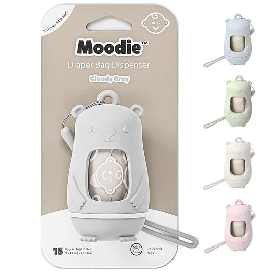 Teddy Bear Diaper Bag Dispenser | Trash Bags on the Go w/Silicone Strap | 15 Unscented Baby Poop Bags per Roll | Disposable Diaper Waste Bags (Cloudy Grey)