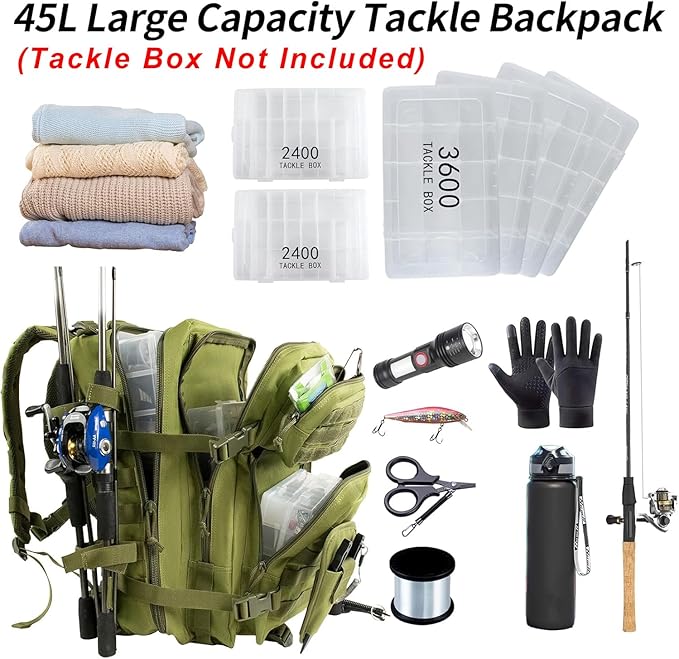 Large 45L Tactical Fishing Tackle Backpack with Removable Plier Holder & Rod Holders Storage Fishing Gear and Equipment Tackle Bag Hiking Backpack without Tackle Boxes Green