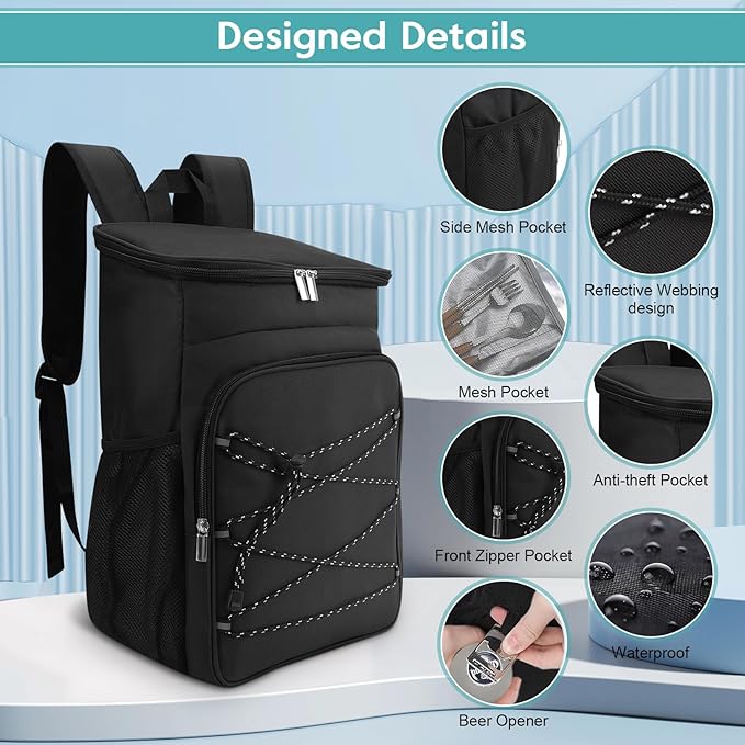 Backpack Cooler, Oxford Cloth Insulated Leak Proof Cooler Bag with Side Pockets for Men and Women Camping Picnic Beach Outdoor Travel