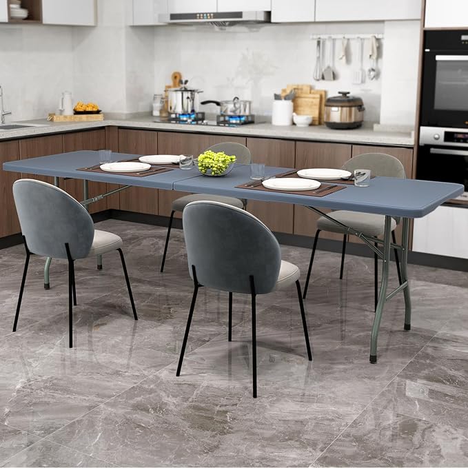 Folding Table, HDPE Portable Table with 8 ft Long Tabletop, Metal Frame Picnic Camping Table with Safe Lock, Collapsible Dining Table for Camping, Picnic, Party (Gray, 8 FT)