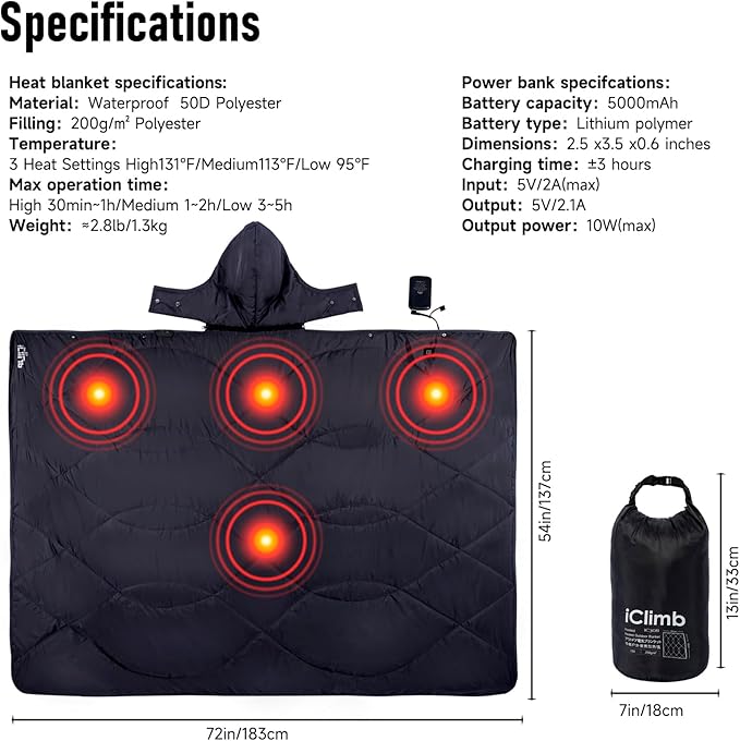 iClimb Heated Camping Blanket with Hood and Battery Pack (Black)