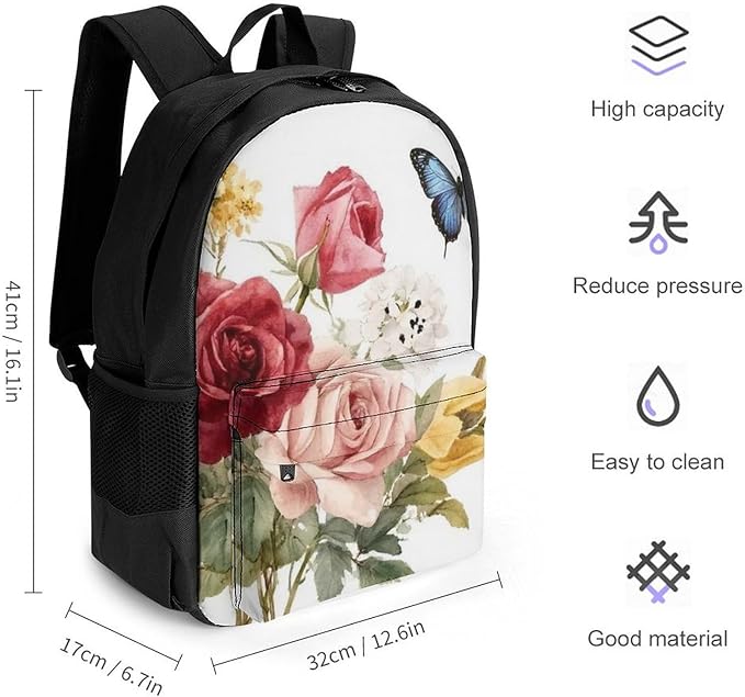 Lightweight Backpack for Gym Travel Bicycle, Big Capacity Multipurpose Anti-Theft Carry On Bag, Flower Shabby Chic Roses Buds Leaves Tulips Floral Butterfly Travel Hiking Bag Day Pack