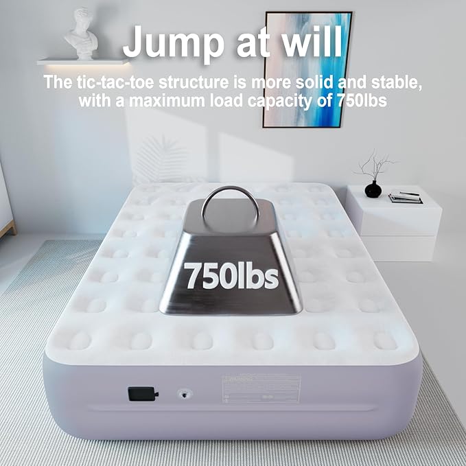 Queen Air Mattress wit with 1300mAh Battery Powered Pump,18"Raised Super soft and comfortable Dutch velvet fabric750lbs Support Portable Inflatable Mattress,Air Bed for Camping, Home and Guest-Purple