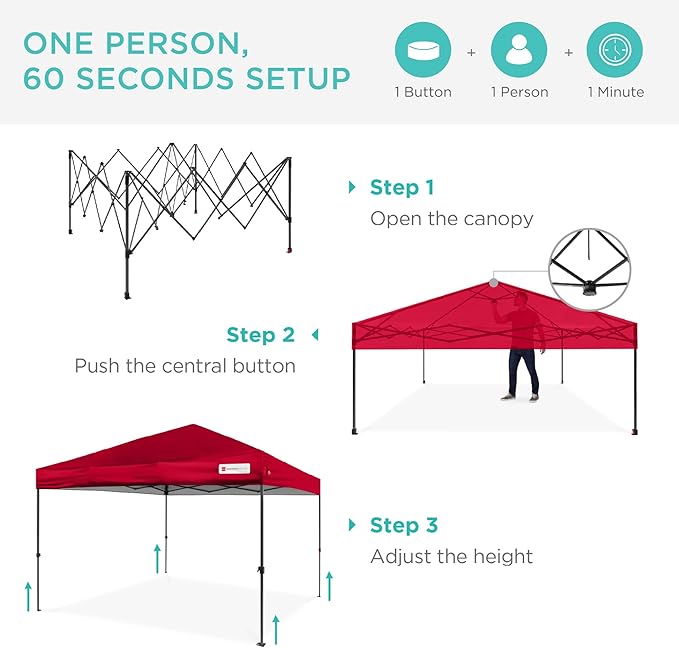Best Choice Products 8x8ft Pop Up Canopy Tent, Outdoor Shade, 1 Person 1 Minute Set Up, Carry Case, 4 Weight Bags - Red