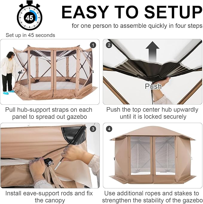 COBIZI 12x12FT Pop Up Gazebo Screen Tent Screen House for Camping, Screen Room with Mosquito Netting, Hub Tent Instant Screened Canopy with Carrying Bag and Ground Stakes,Khaki