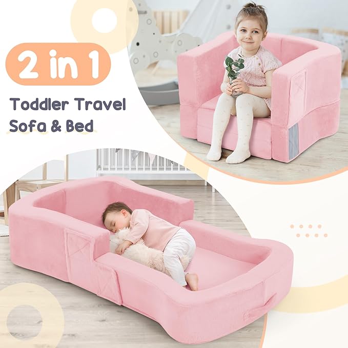 Toddler Travel Bed, 2-in-1 Foldable Portable Toddler Bed Sofa Chair, Soft Baby Kids Travel Floor Cot with Washable Covers Safety Foam Raised Bumper for Camping Hotel Sleeping (Pink)
