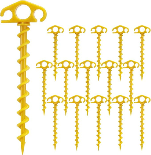 Tent Stakes Ground Anchors Screw in, 16 Pack Sand Stakes for Beach 9.4 Inch Heavy Duty Spiral Tent Pegs for Camping, Party, Hiking, Outdoor Decoration (16, Yellow)