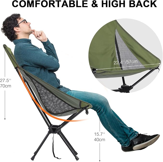 High Back Beach Chair for Adults, Lightweight Compact Backpacking Camp Chair for Outdoor, Green