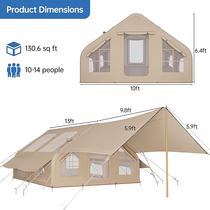 Inflatable Camping Tent with Pump & 1/2 Awnings, 8-14 Person Air Tents for Camping Adult, Large Waterproof Oxford Family Glamping Tent, Quick Setup Big Tent for Outdoor Camping