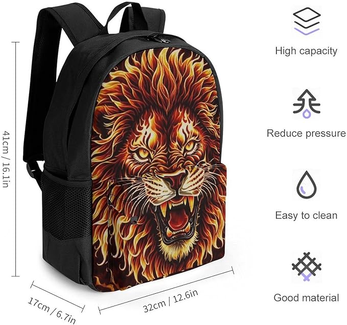 Polyester Daypack Bookbag for Gym Business Bicycle, Large Capacity Multipurpose Anti-Theft Carry On Bag, Fierce Wild Animal Angry Fire Travel Hiking Daypack