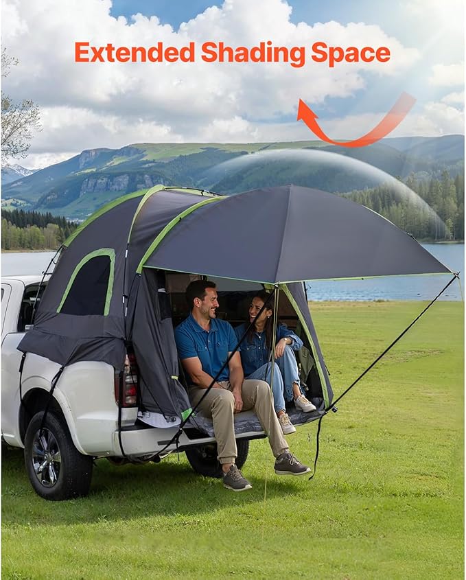 Happybuy Pickup Truck Tent for Camping, Fits 8.0-8.2 ft Trucks. Waterproof PU2000, 2-3 Person Sleeping. Sturdy Truck Bed Camper Shell with Expandable Awning, Rainfly and Storage Bag