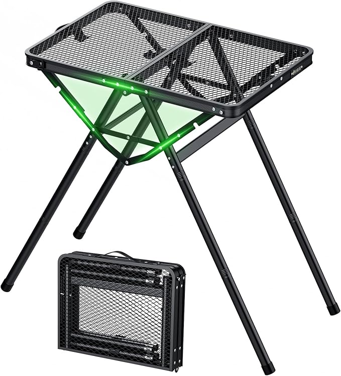 JiGiU Folding Camping Table Pinic Table Height Adjustable Foldable Table 180lbs Load with Carry Handle More Stable Feet for Outdoor Indoor Hiking Camp BBQ Beach (Black, Iron Mesh Tabletop)