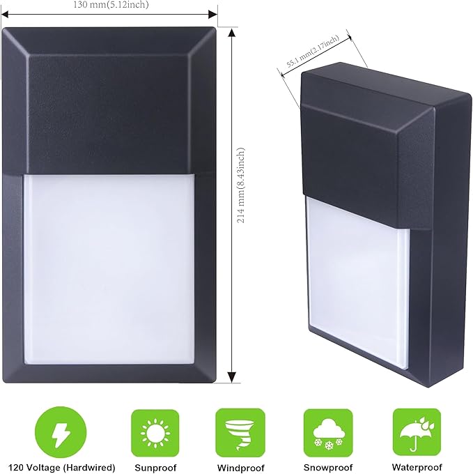 LIT-PaTH Outdoor LED Wall Lantern, Wall Sconce as Porch Lighting Fixture, 12W 1000 Lumens, Aluminum Housing Plus PC, 3000K Black Finish, 2-Pack