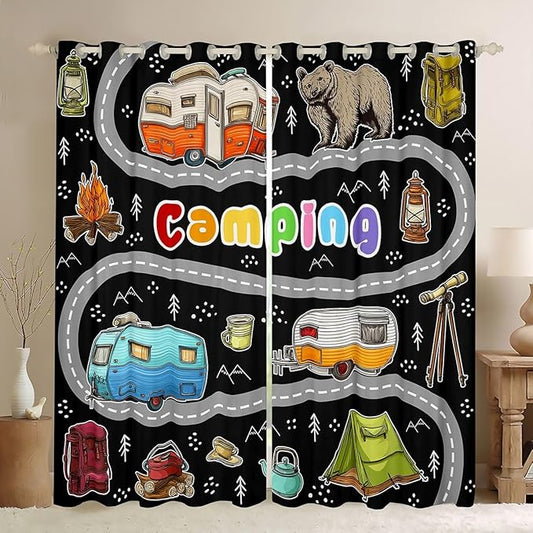 Feelyou Black Rv Camping Camper Curtains for Bedroom Living Room Wildlife Animal Bear Blackout Shades Camping Adventure Room Darkening Curtain Window Treatments, 2 Panels 42 x 90 Inch Decor