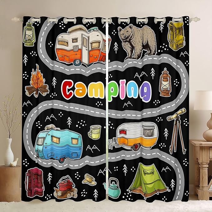 Feelyou Black Rv Camping Camper Curtains for Bedroom Living Room Wildlife Animal Bear Blackout Shades Camping Adventure Room Darkening Curtain Window Treatments, 2 Panels 42 x 84 Inch Decor
