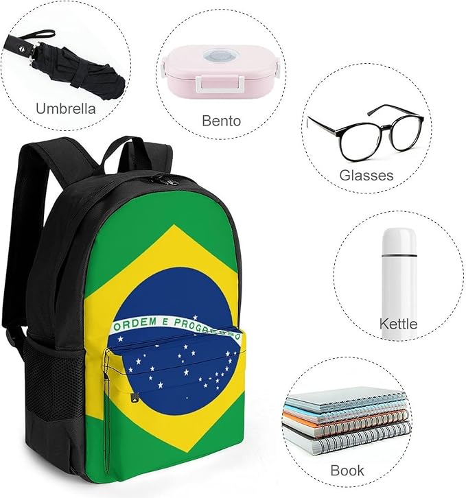 Men Women Polyester Brazilian Brazil Flag Casual Daypack Large Capacity Carry On Bag With Adjustable Shoulder Straps for Camping Work Running