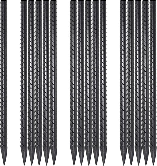 16 Inch Rebar Stakes 16 Pack Heavy Duty 3/8 Inch Diameter Ground Anchors, Landscpe Timber Spikes with Chisel Point End, Straight Metal Stakes for Concrete Forming, Garden Plant, Camping Tent, Black