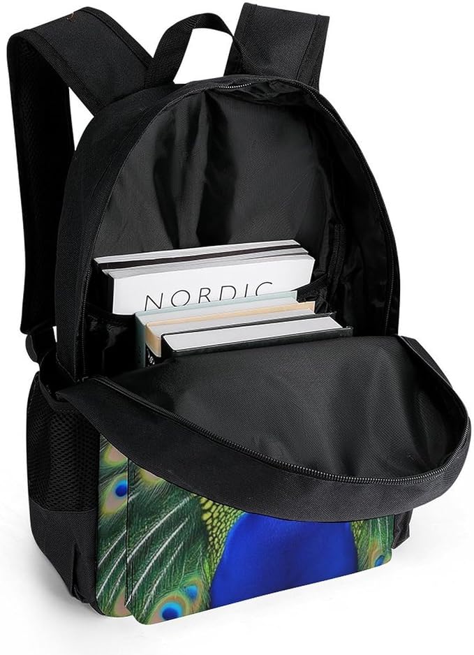 Supdreamc Men Women Lightweight Peacock Feather Daypack Bookbag Big Capacity Carry On Bag With Side Pockets for Camping Travel Bicycle
