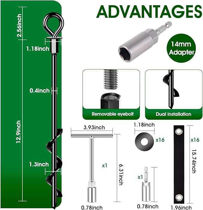 Trampoline Anchors Set of 16 - Heavy Duty Trampoline Stakes - Ground Anchors Resistant High Wind - Ground Stakes Heavy Duty with Straps