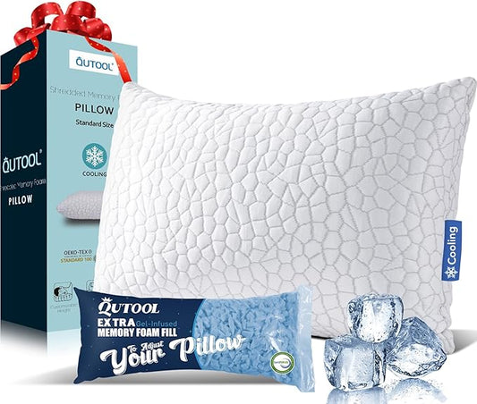 QUTOOL Cooling Pillows for Sleeping Shredded Memory Foam Pillows 1 Pack, Gel Bed Pillow for Hot Sleepers, Soft and Supportive, Adjustable Pillow for Side, Back Sleepers, Gifts for boyfriend, Women Men