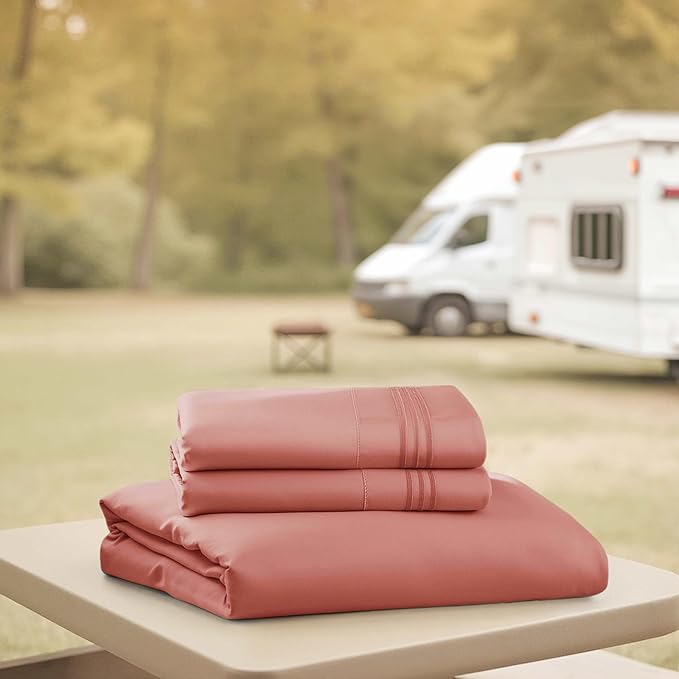 Hearth & Harbor Short Queen Sheets for RV, Pink Clay RV Queen Sheets, Silky Soft 1800 Microfiber Bed Sheet for Camper, 4 Piece RV Bedding with Pillowcases