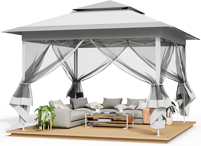 TLSUNNY 13' X 13' Pop Up Gazebo, Outdoor Canopy Tent W/4 Mesh Walls & Wheeled Bag, Screened Shelter with Netting, One-Person Set Up, Height Adjustable, for Patio, Yard, Party, Garden (Grey)