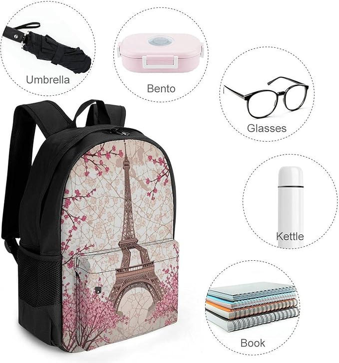Supdreamc Daypack Anti-Theft Multipurpose Large Capacity Shoulder Bag, Paris Eiffel Tower With Pink Cherry Flower Blossom Travel Hiking Camping Rucksack With Smooth Zippers