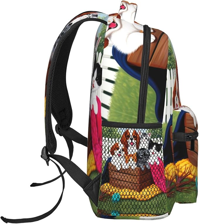 Men Women Lightweight Cute Animals Happy Dogs And Cats Art Backpack Large Capacity Bookbag With Smooth Zippers for Gym Business Running