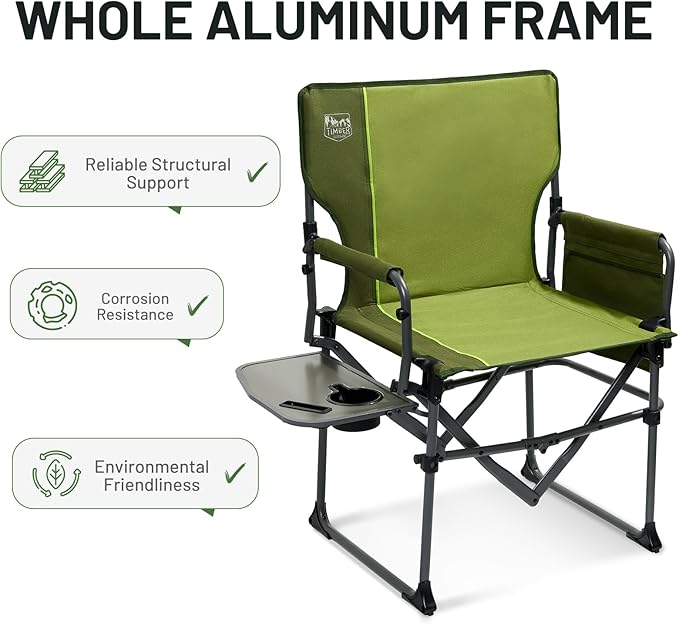 Timber Ridge Aluminum Camping Directors Chair with Side Table Pocket, Portable Folding Chair, Heavy Duty Lawn Chair for Fishing Trip Picnic Concert Outdoor 400lbs, Green