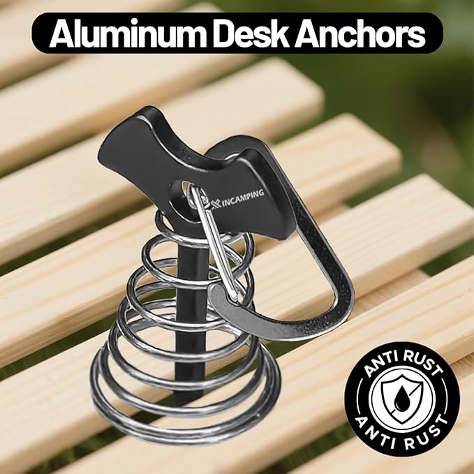 Deck Anchors with Carabiners XINCAMPING 12pcs Aluminum Deck Tie Down Anchor, Fishbone Stake Tent Stakes,Windproof Rope Tighteners & Adjusters for Tents, Canopies, Camping Furniture Black