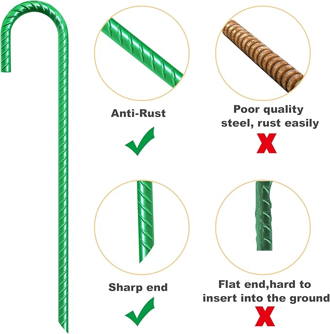 Eurmax USA Trampolines Stakes Heavy Duty Ground Stakes Canopy Parts Wind Stake with Rope 12 Inch Heavy Duty Stake Safety Ground Anchor Galvanized Steel J Shaped, Pack of 4(Green)