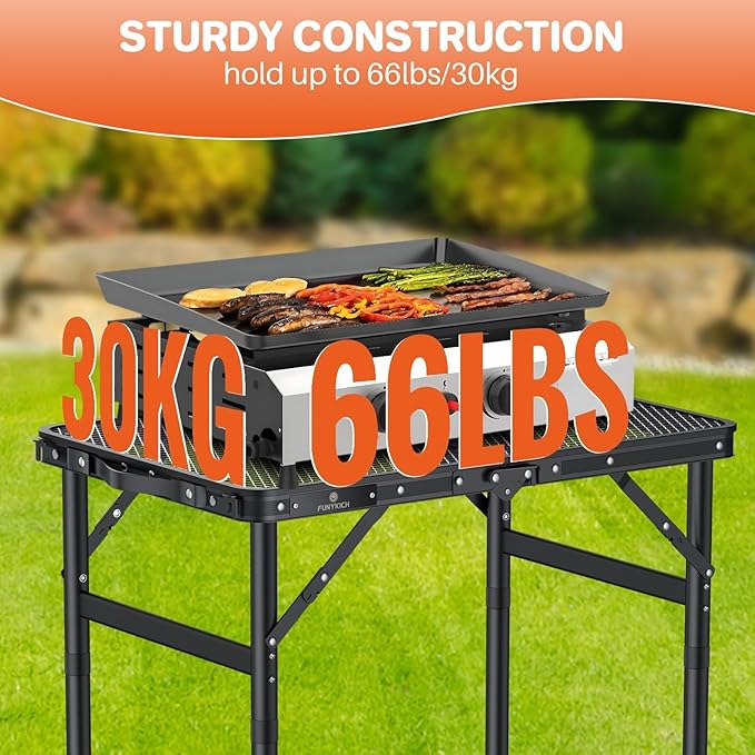 FUNYKICH Folding Grill Table for Outside, 3 Height Adjustable Portable Camping Tables, Lightweight Metal Aluminum Outdoor Table with Portable Handle for Camping, Picnic, BBQ, 23''x16'', Black