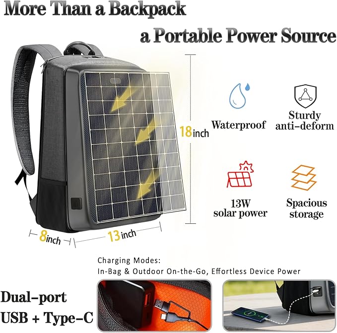15.6 Inch Laptop Travel Backpack Solar Panel with Multiple USB Fast Charging, Lightweight Tech Backpack, TSA Friendly Airline Carry‑On Compliant, Waterproof Anti-Theft Bag for Work Travel