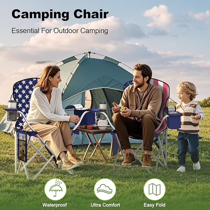 Folding Camping Chairs Durable 600D Oxford, Portable Outdoor Chair with Cooler Pouch, Cup Holder & Storage Pocket for Camping, Beach, Fishing