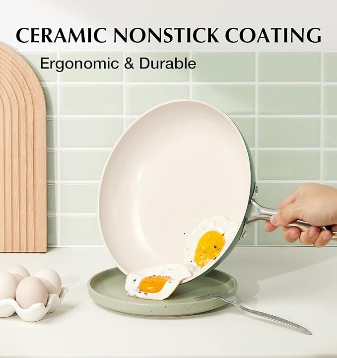 KOCH SYSTEME CS 10 Inch Nonstick Frying Pan with Lid, Non Stick Ceramic Frying Pan with Stay-Cool Stainless Steel Handle, Induction Compatible Skillet, PTFE & PFOA Free, Oven Safe, Sage Green