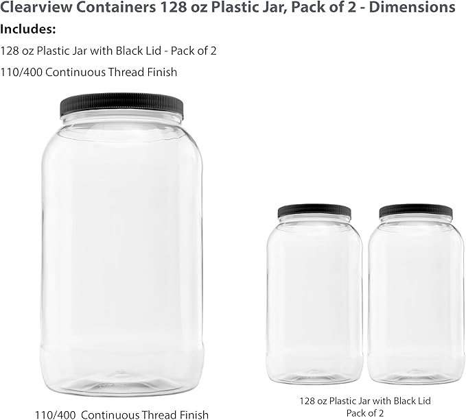 Plastic Storage Jars with Leak Proof Lids, BPA Free, Hand Wash Only (128oz, 2PK Black)