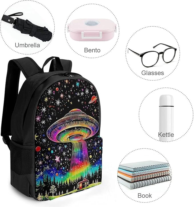 Supdreamc Men Women Polyester Colorful Magical Spaceship Art Daypack Bookbag Big Capacity Shoulder Bag With Padded Straps for Climbing Travel Walking Cycling
