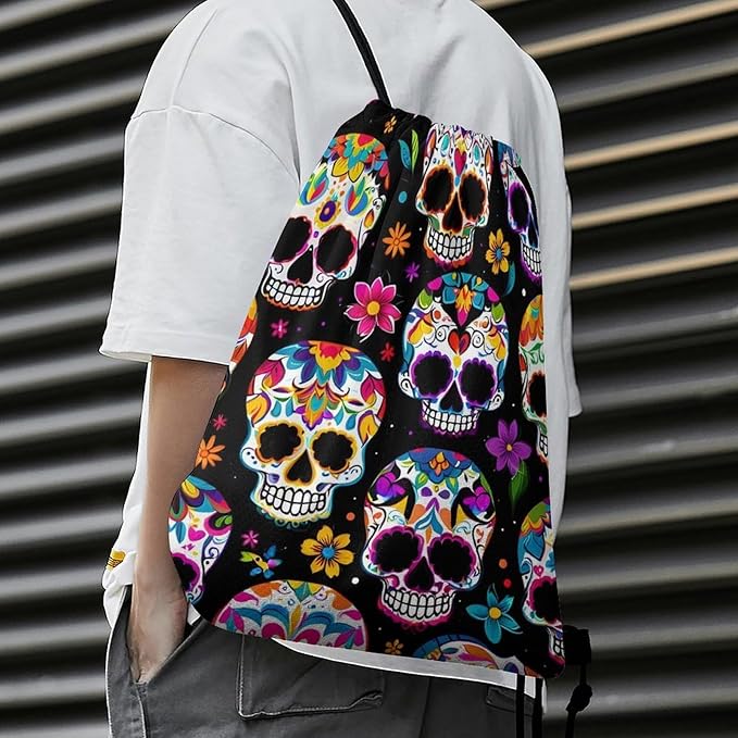 Water Resistant Drawstring Backpack Lightweight Sackpack for Yoga Gym Beach Travel, Men Women Unisex Sports Bag, Sugar Skull Bags