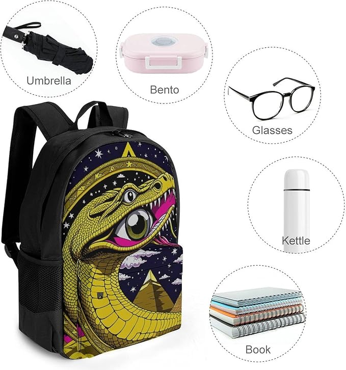 Men Women Polyester Egypt'S Mysterious Pyramids Golden Snake Art Daypack Backpack Large Capacity Carry On Bag With Smooth Zippers for Hiking Picnic Walking Cycling